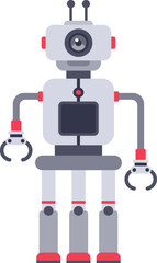 Futuristic robot standing on three legs with mechanical arms holding claws, featuring a camera eye and a central processing unit, representing advanced technology and automation