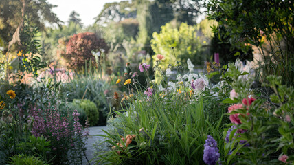 Obraz premium Vibrant Garden Bathed in Soft Sunlight, Featuring a Variety of Flowers in Full Bloom, Meandering Pathway Leading Through Flora, Trees and Foliage in the Background, Creating a Serene Ambiance