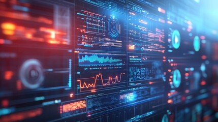 Futuristic Digital Interface Display with Complex Data Visualizations, Graphs, and Charts in High-Tech Environment for Science and Technology Concepts