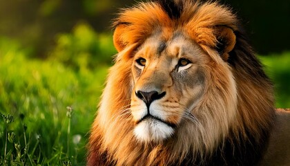 Fototapeta premium A lion in green nature and surrounded by vibrant greenery, majestic wild animal in the jungle, king of the wild and strong presence