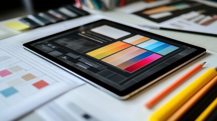 Digital Tablet Displaying Color Palette with Various Shades and Art Supplies on Desk, Showcasing Creative Process for Designers and Artists