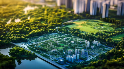 Obraz premium Urban planning and environmental conservation concept with city map and lush green landscape GIS Day
