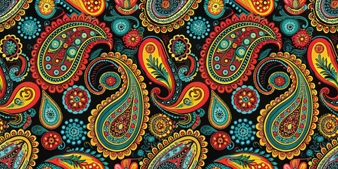 Vibrant paisley pattern in bold colors on a black backdrop.