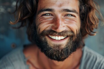 Close up portrait of a cheerful bearded man with long hair, smiling and showing perfect white teeth