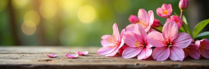 Abstract Spring Florals on a Wooden Table with Bokeh Background, abstract spring florals, delicate petals