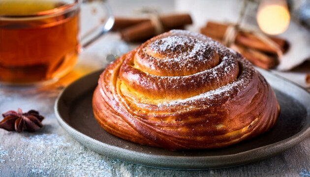 Generated image Finnish-style sweet bun (korvapuusti) with cinnamon and sugar, served with tea