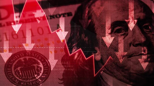 American currency 100 dollars bill close up with arrows going down and graph 4k animation. Currency Depreciation and inflation concept with red graph backdrop