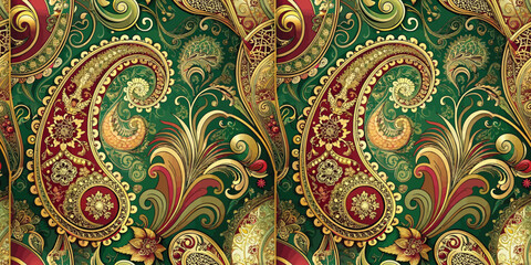 Elegant paisley pattern in vibrant green, red, and gold tones.