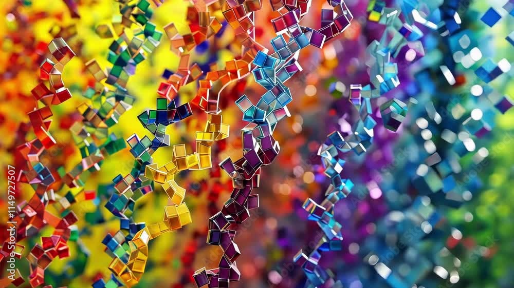 Poster complex network of interconnected colorful cubes forming chains, creating a visual representation of