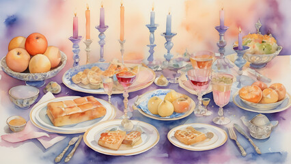 Naklejka premium Festive watercolor table setting with delicious foods and drinks for a celebration