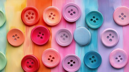 Colorful Sewing Buttons on Artistic Background of Vibrant Stripes in Shades of Pink, Purple, Orange, and Blue Perfect for Crafting and Design Projects