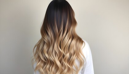 Fototapeta premium Long, wavy hair with an ombre effect transitioning from dark brown at the roots to a light blonde at the tips, viewed from the back. The background is a plain light color