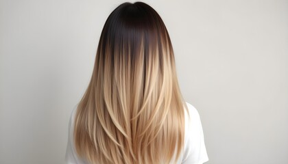 Naklejka premium Long, wavy hair with an ombre effect transitioning from dark brown at the roots to a light blonde at the tips, viewed from the back. The background is a plain light color