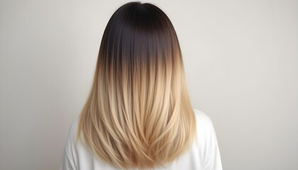 Naklejka premium Long, wavy hair with an ombre effect transitioning from dark brown at the roots to a light blonde at the tips, viewed from the back. The background is a plain light color