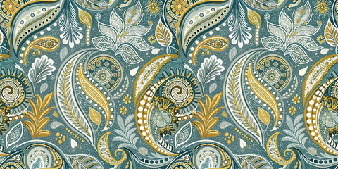 Intricate floral paisley design in teal and gold tones.