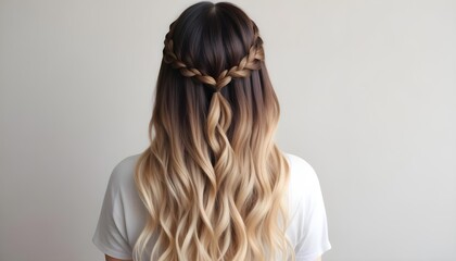 Fototapeta premium Braided hair with an ombre effect transitioning from dark brown at the roots to a light blonde at the tips, viewed from the back. The background is a plain light color