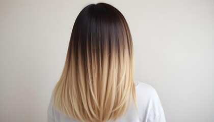 Naklejka premium Long, wavy hair with an ombre effect transitioning from dark brown at the roots to a light blonde at the tips, viewed from the back. The background is a plain light color