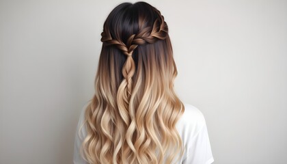 Naklejka premium Braided hair with an ombre effect transitioning from dark brown at the roots to a light blonde at the tips, viewed from the back. The background is a plain light color