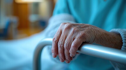 Elderly person holding onto bed rail in a hospital during recovery