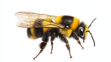 Detailed Close-Up of a Bumble Bee Isolated on White.