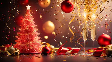 Cinematic red and gold holiday background featuring a luminous Christmas tree and falling confetti.
