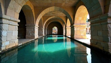 Ancient stone arches submerged in a serene well, temple ruin, well