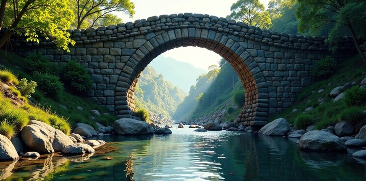 Ancient stone arch with a river flowing beneath it, stone, river, ancient