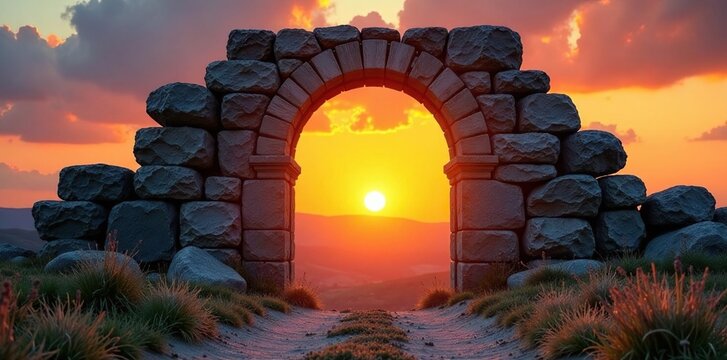 Ancient stone arch with a sunset in the background, stone, arch, orange