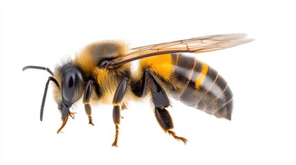 Detailed Close-up of a Honeybee Isolated on White Background.
