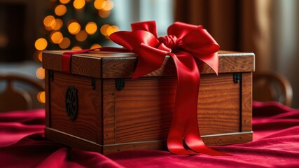 A richly hued wooden gift box adorned with a vibrant red satin ribbon, perfect for a cherished holiday present