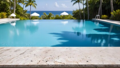 Fototapeta premium A vibrant view of a swimming pool with a clear blue water surface in the background. The foreground features a granite countertop. In the distance, there are white umbrellas and palm trees , suggestin