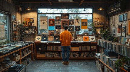 Person browsing vinyl records in a shop.