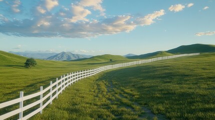 Fototapeta premium A peaceful countryside with a white fence and a glowing sunrise over green fields.