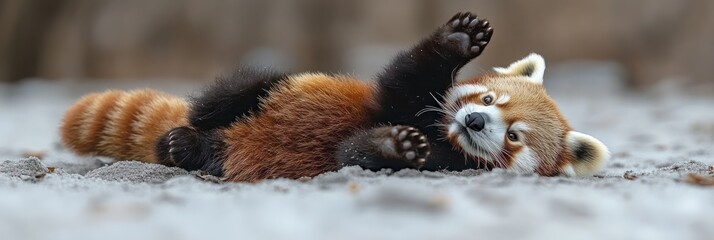 Obraz premium Playful red panda cub lying on its back, paw raised.