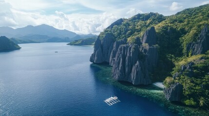 Aerial View of a Lush Island with Dramatic Cliffs and a Small Boat