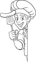 A chef cartoon barbecue cook man giving a thumbs up and holding a hotdog or grilled sausage a BBQ or cooking fork and peeking around sign or menu, mascot character illustration