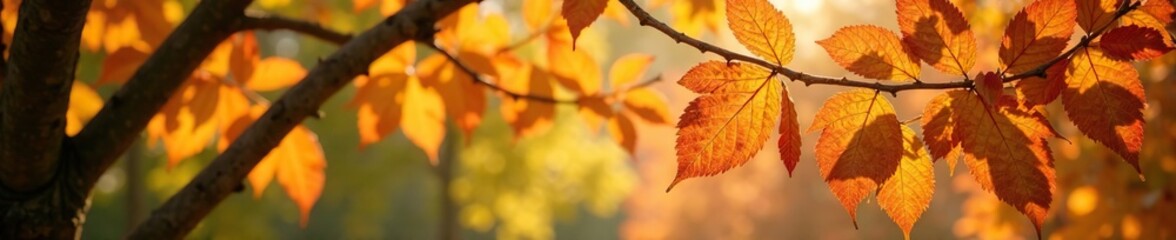 Obraz premium Autumn leaves on an elm tree's branches with sunlight filtering, light, foliage