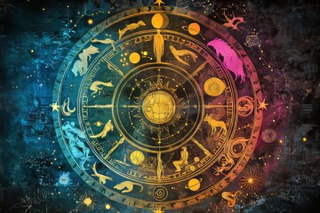 Fototapeta premium Illustration of the 12 zodiac signs in a circular arrangement with planets and constellations