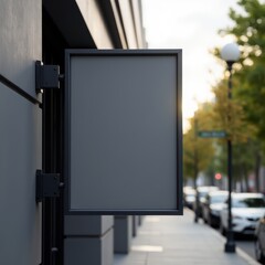 Fototapeta premium A photorealistic image of a modern sinage board made of matte black metal, mounted on a sleek building, illuminated by soft daylight with a blurred urban background 