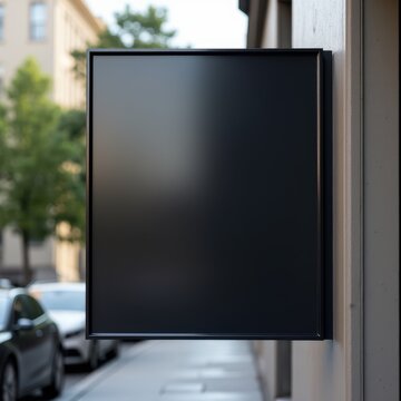 Rectangular sinage board with clean edges, blank and matte black, attached to a commercial building facade with an urban street in the background 
