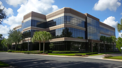High-end commercial office building with large windows and concrete panels at highway corner in Glendora, California, modern architecture. silhouette of an office building in a sunset
