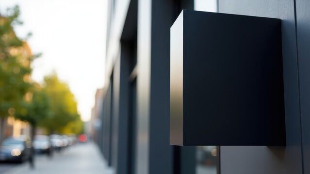 A photorealistic image of a blank sinage board in matte black, featuring clean edges, mounted on a sleek building with a blurred city background 