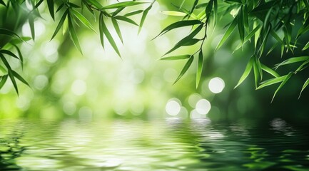 Serene bamboo leaves reflected in calm water.