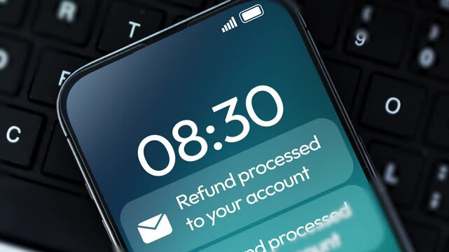 Money refund notification on smartphone screen 4k animation with close up and keyboard in the backdrop.