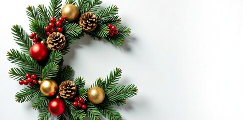 A wreath made of spruce branches, mistletoe, and pine cones with red and gold balls on a white background, pine cones, Christmas decorations