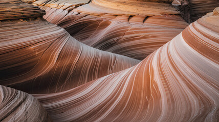 Obraz premium Mesmerizing Geological Formation with Wave-Like Patterns in Vibrant Red, Orange, and Beige Shades, Intricately Layered to Reflect Sediment Deposition Over Millennia, Set in an Arid Canyon-Like 