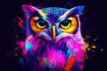 Obraz premium A vibrant watercolor painting of a colorful owl with expressive eyes. The concept of creativity, wisdom, and the beauty of nature interpreted through artistic expression. Generative AI.