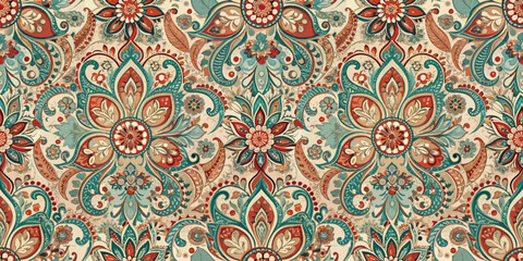 Intricate floral pattern with vibrant turquoise and warm coral tones.