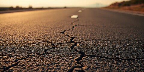 Obraz premium A Close-Up View of Cracked Asphalt on a Rural Road at Sunset