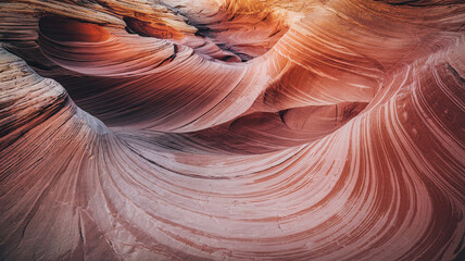Obraz premium Mesmerizing Geological Formation with Wave-Like Patterns in Vibrant Red, Orange, and Beige Shades, Intricately Layered to Reflect Sediment Deposition Over Millennia, Set in an Arid Canyon-Like 